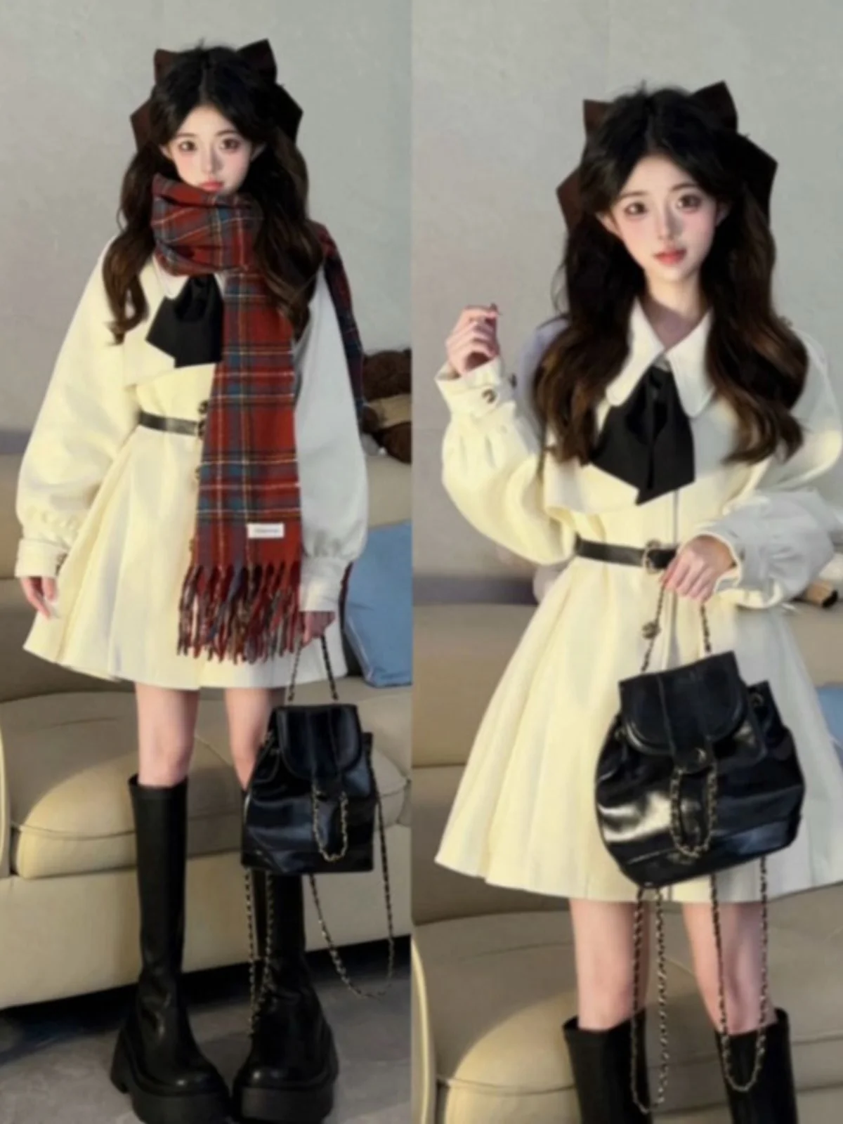 

Elegant Korean Style Women's Woolen Coat Waist-Cinching Long Sleeve Spring Outerwear Fashionable Commute Windbreaker