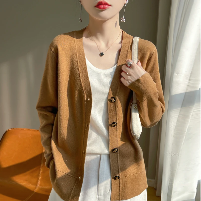 Spring New 100% Wool V-neck Sweater Cardigan Women Fashion Autumn Streetwear Casual Loose Long Sleeve Top Knit Female Cardigan