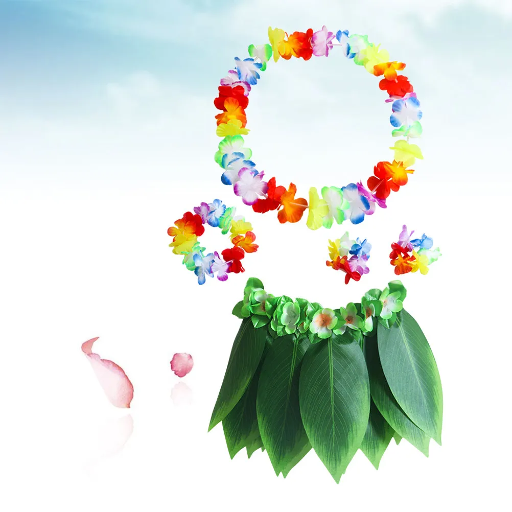 5Pcs Hula Skirt Hawaiian Costume Set Xl Stretch Green Leaves Bracelets Headband Luau Party Supplies Beach Luau