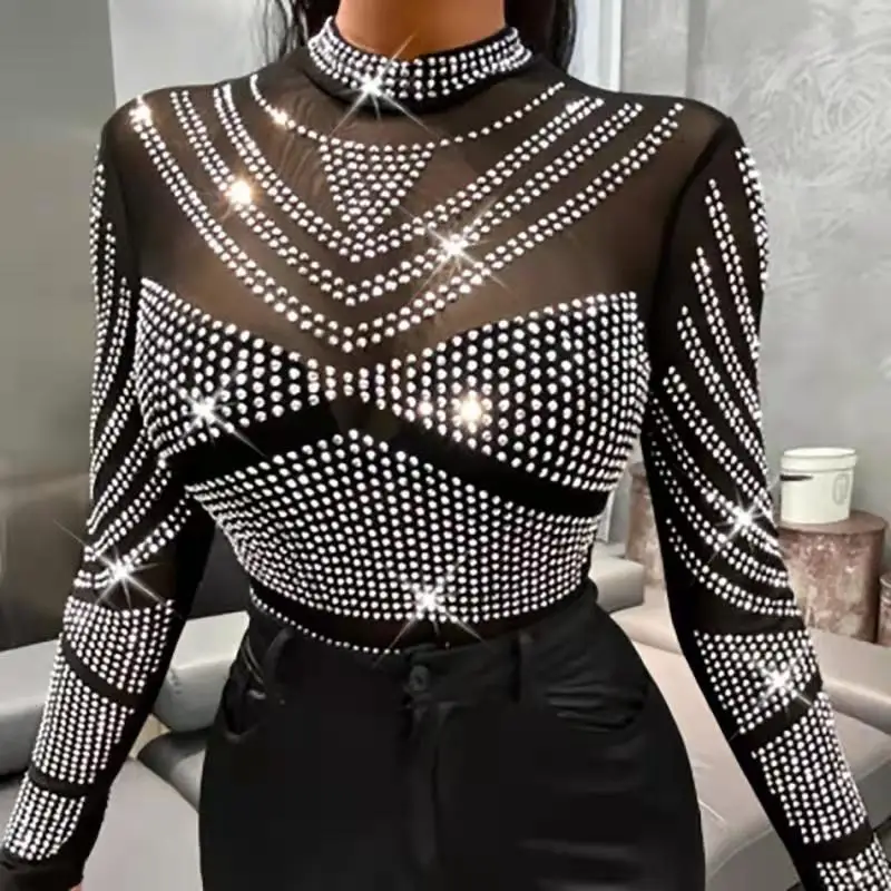 White Day Summer New 2022 High Quality Sparkling Crystal Exquisite Slim Fit Black Long Sleeve Mesh Swimsuit