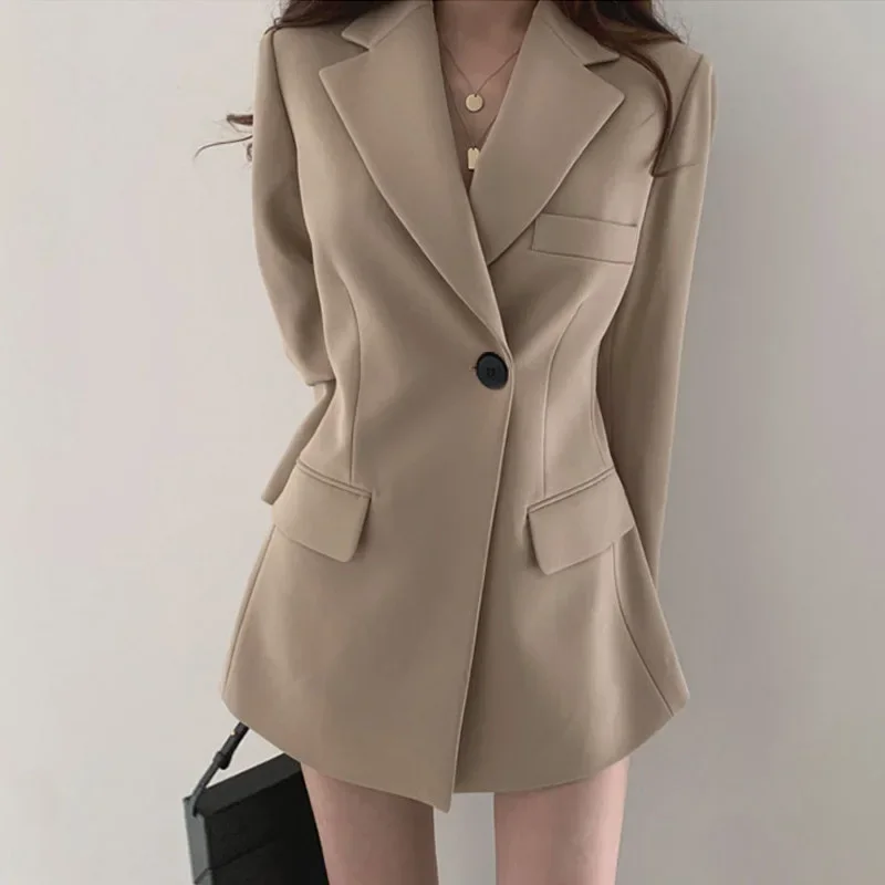 Office Casual Blazer Coat Women Notched Single Button Pocket Long Sleeve Suits Tops Female 2025 Spring Solid Elegant Ins Jacker
