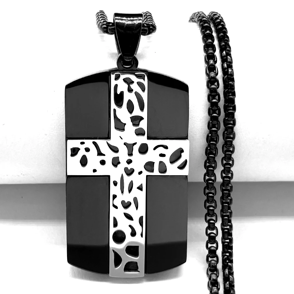 

Geometric Dog Tag Cross Pendant Necklace For Women Men Stainless Steel Black Color Catholic Gothic Chain Jewelry Accessory