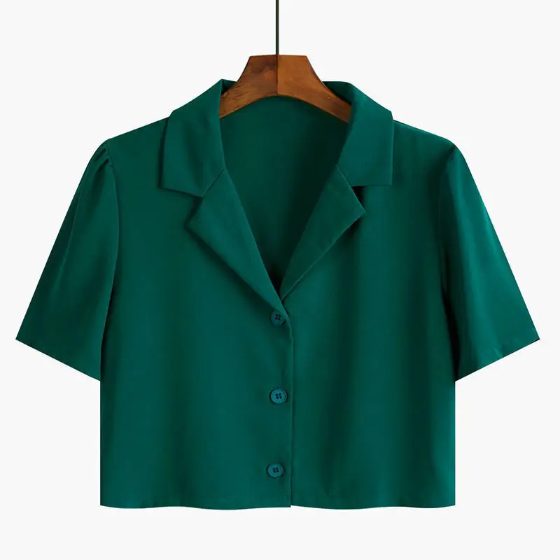 Women's Short Sleeve Shirt Thin Retro Style 2023 New Design Small Market Short Length Top Fashionable Commute Pure Color Poly...