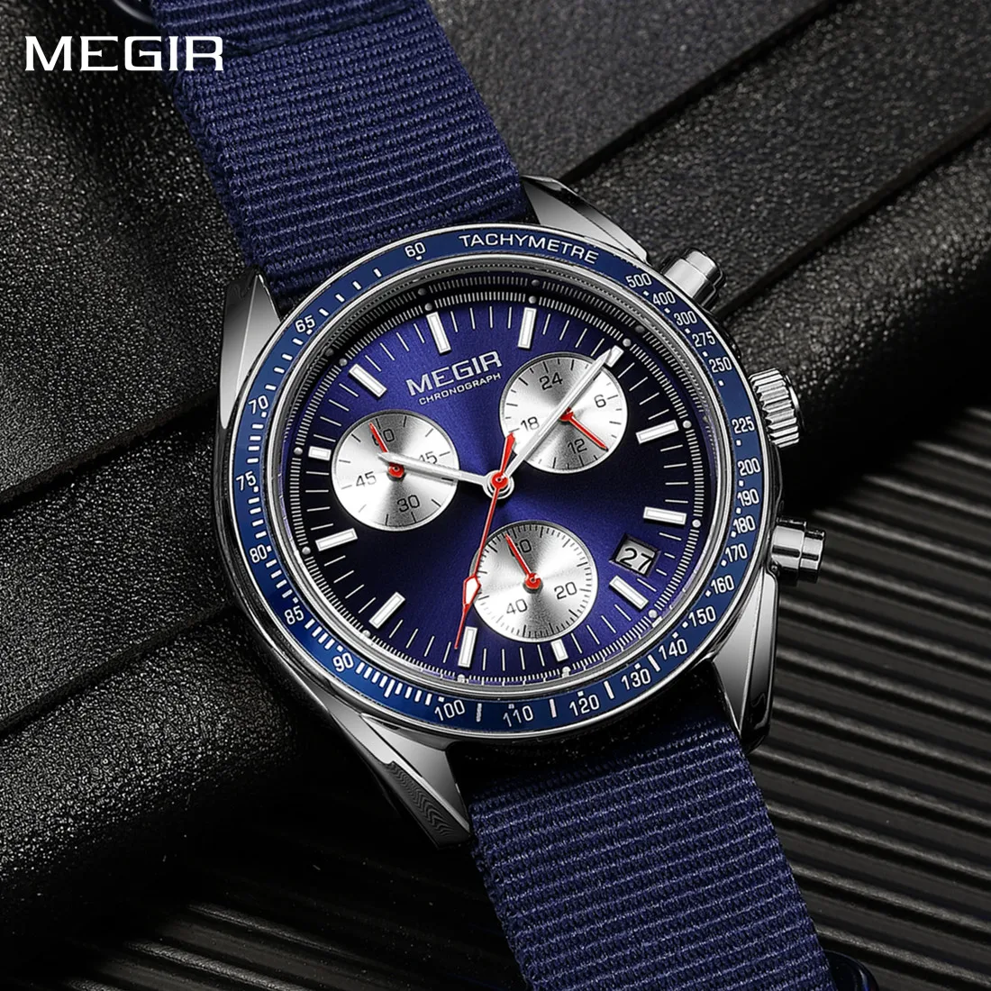 MEGIR Chronograph Canvas Strap Men Sport Quartz Watches Waterproof Calendar Casual Wristwatch with 24-hour Relogio Masculino