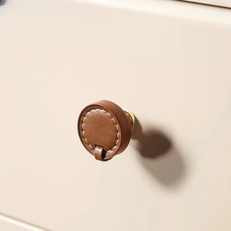 Genuine Leather Cabinet Pull Knob Mid-Century Single Hole Drawer Handle Retro Handcrafted Door Handle French Home Decor Hardware