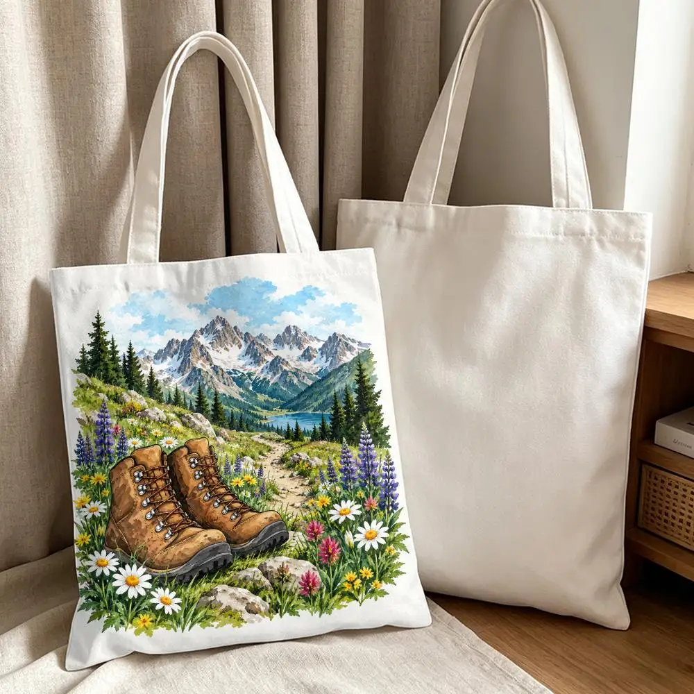Mountain Hiking Adventure Storage Bags Canvas Tote Bag Women Large Capacity Reusable Eco Shopping Bag Shoulder Handbag