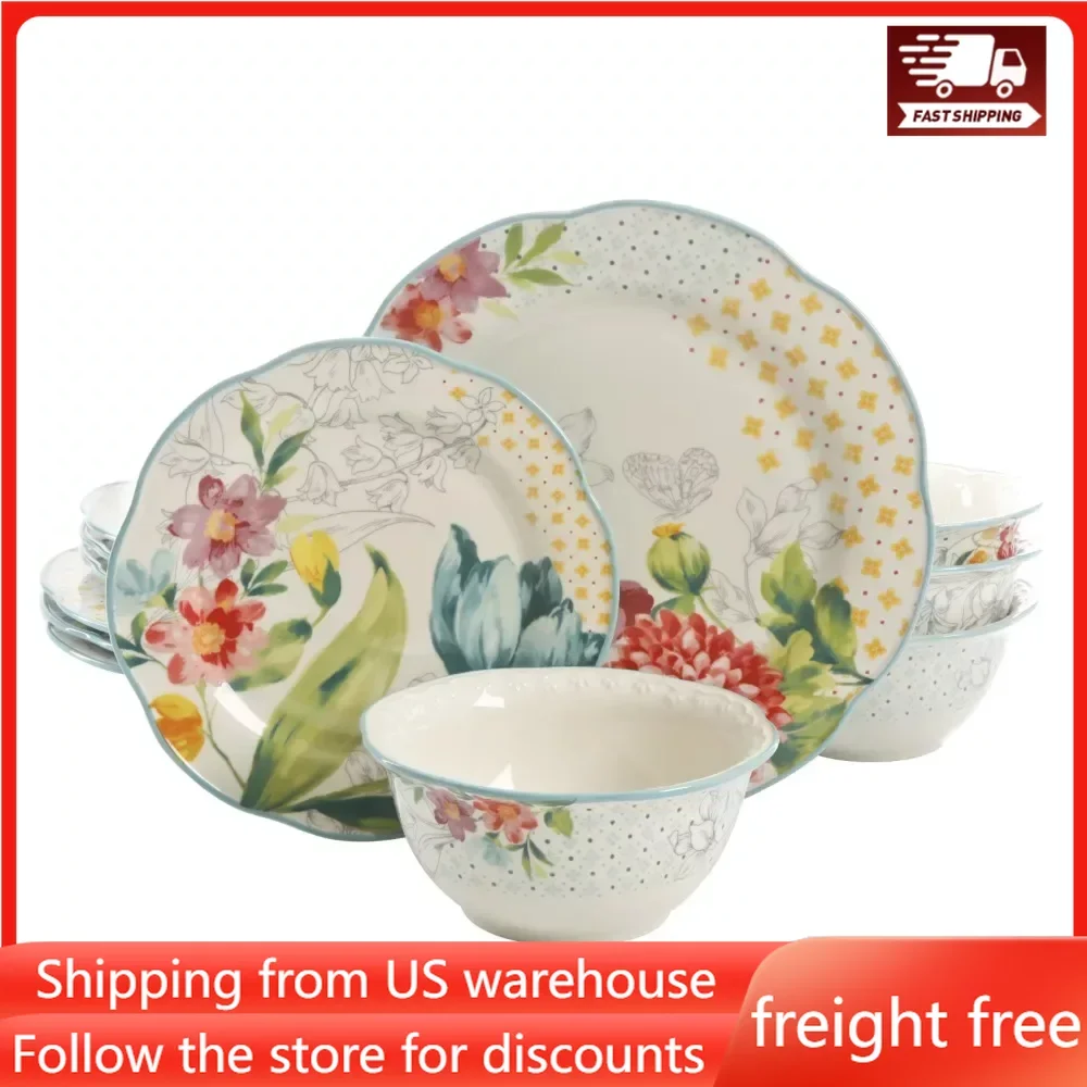 

Blooming Bouquet 12-Piece Dinnerware Set Free Shipping Dinner Plate Dish Plates Dinner Sets Plates for Food Dining Table Dishes