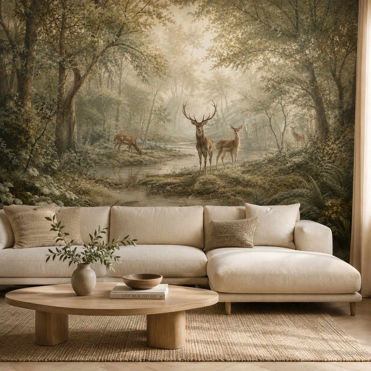 Non Self-Adhesive Vintage Forest Deer Wallpaper Mural Misty Woodland Stag Wildlife Oil Painting Nature Wall Art for Living Room