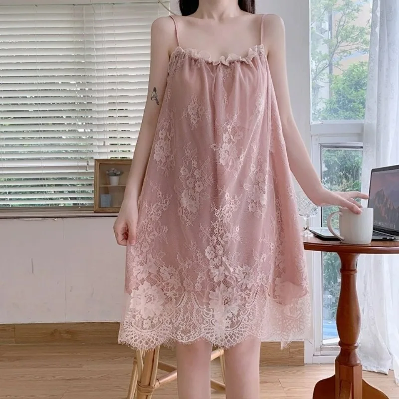 Pure Desire Style Lace Lacework Sexy Nightgown Women's Suspender Nightdress Summer Mid-length Thin Fashion Female Home Clothing