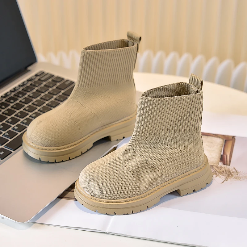 

Kids Short Boots Knitted Comfort Children Cloth Boots Soild Color Versatile 2025 Brand New Boys Girls Fashion Boots Round Toes