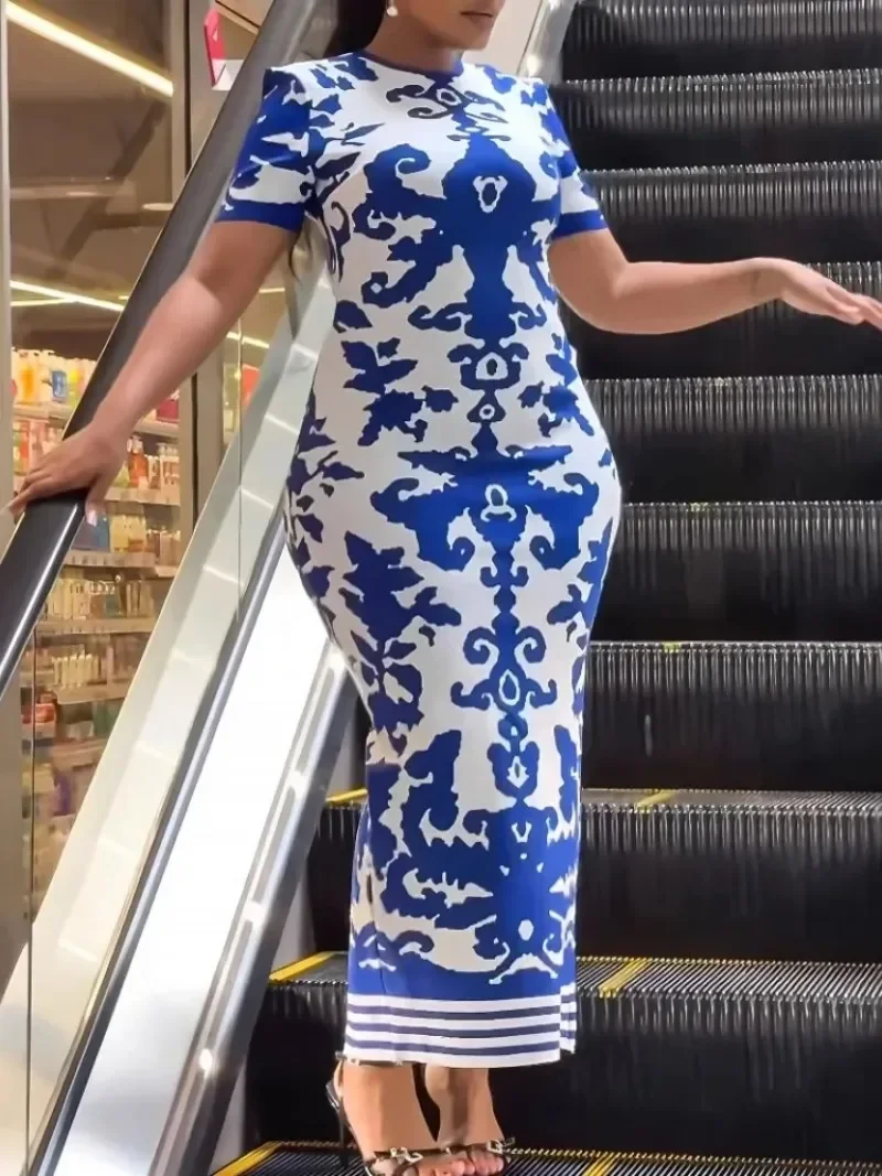 

African Dresses for Women Summer Autumn Africa Clothing Short Sleeve Long Maxi Dress Sexy O-Neck Slim Dress Office Lady Party