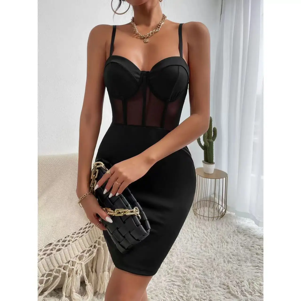 

Black V-Neck Spaghetti Strap Sexy Mini Party Dresses Sleeveless Skinny Soft Women Backless Summer Fashion Slim Dresses