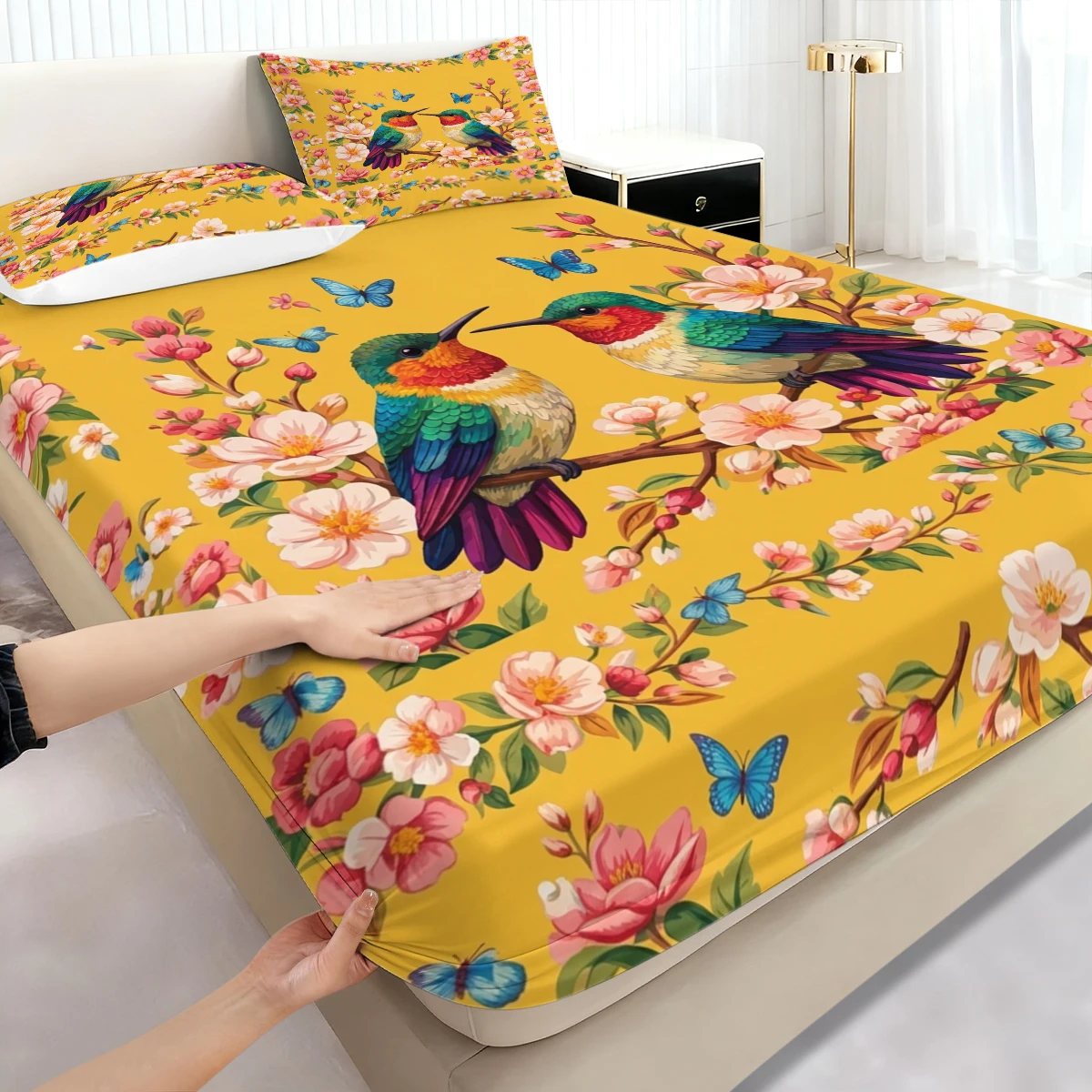 Bright Yellow Hummingbird Floral Fitted Sheet 3PCS, Spring Blossom & Butterfly Mattress Cover with Pillowcases, Bedroom Bedding
