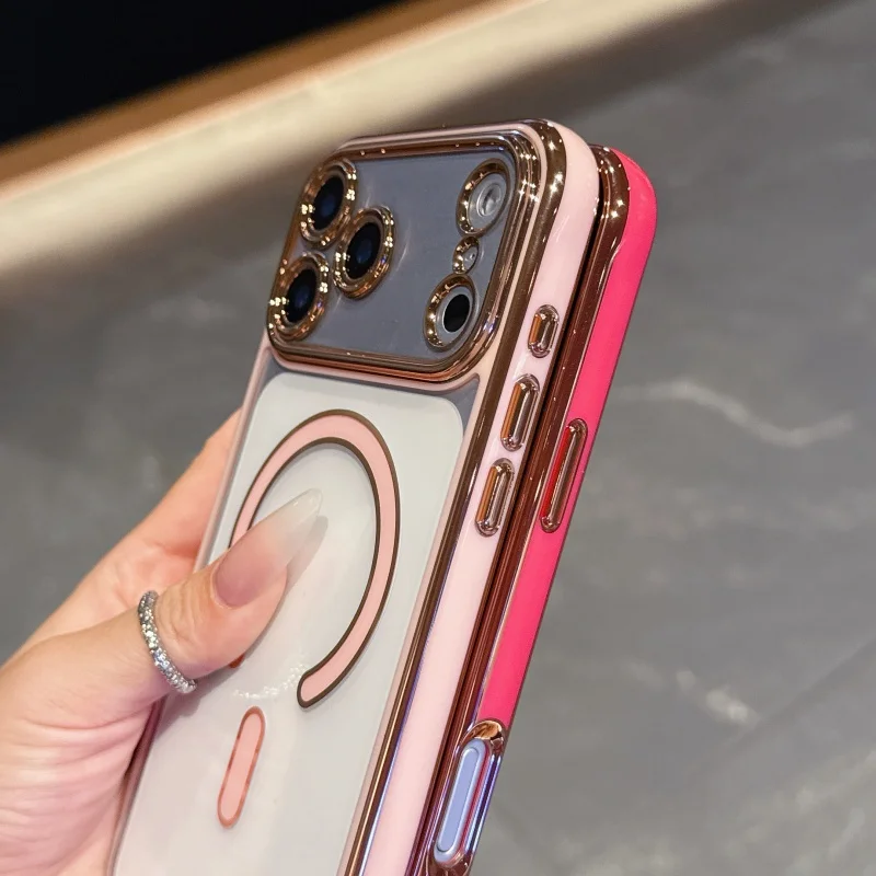 Luxury Plating Color Magsafe Wireless Charge Case For iPhone 17 Air 16 15 14 13 17 Pro Max Plus Camera Lens Protect Clear Cover