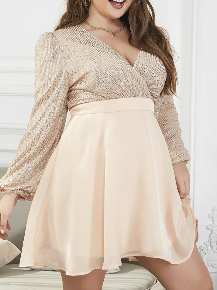 Champagne Dresses for Women Plus Size Ladies Elegant Evening Dress with Sequins Wedding Short Shiny Dress Wholesale Dropshipping