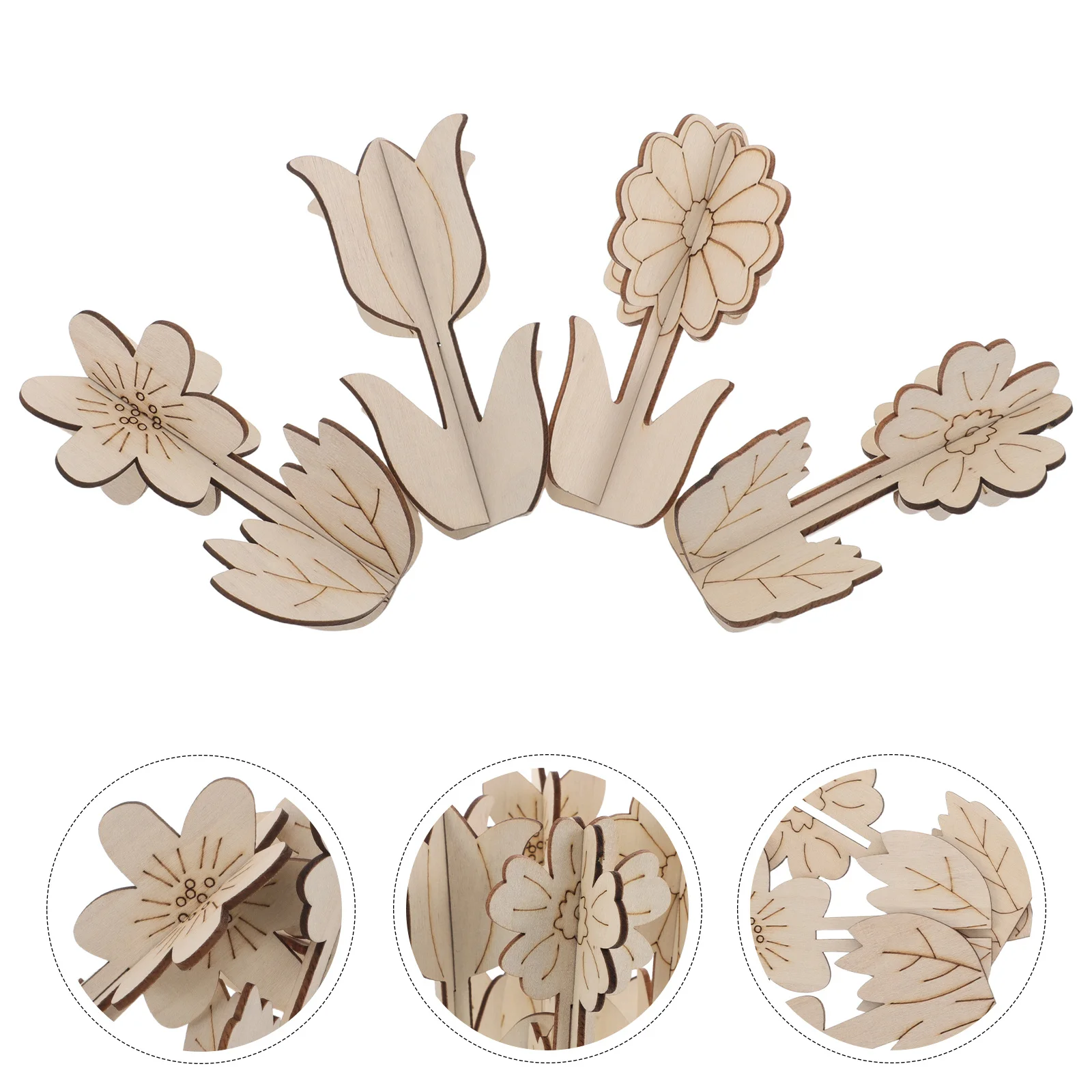 

32pcs Handmade Doodle Flowers Unfinished 3D Wooden Flower Ornaments Mini Wood Cutouts For Painting Diy Craft Projects Natural