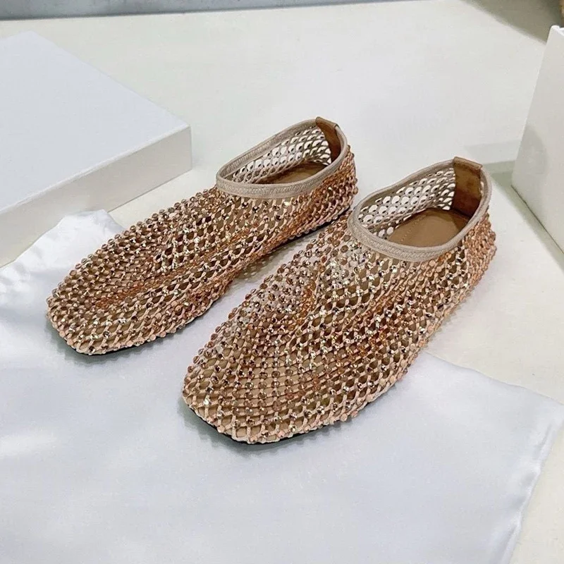 Round Toe Hallow Outs Flat Shoes Shiny Crystal Lazy Loafers Women Summer Mesh Breathable Casual Shoes Versatile Walking Shoes