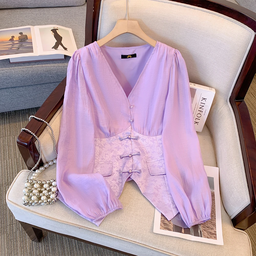 Plus-size women's autumn casual commuting loose comfort suit Chinese-style purple button-up top with straight-leg pants large