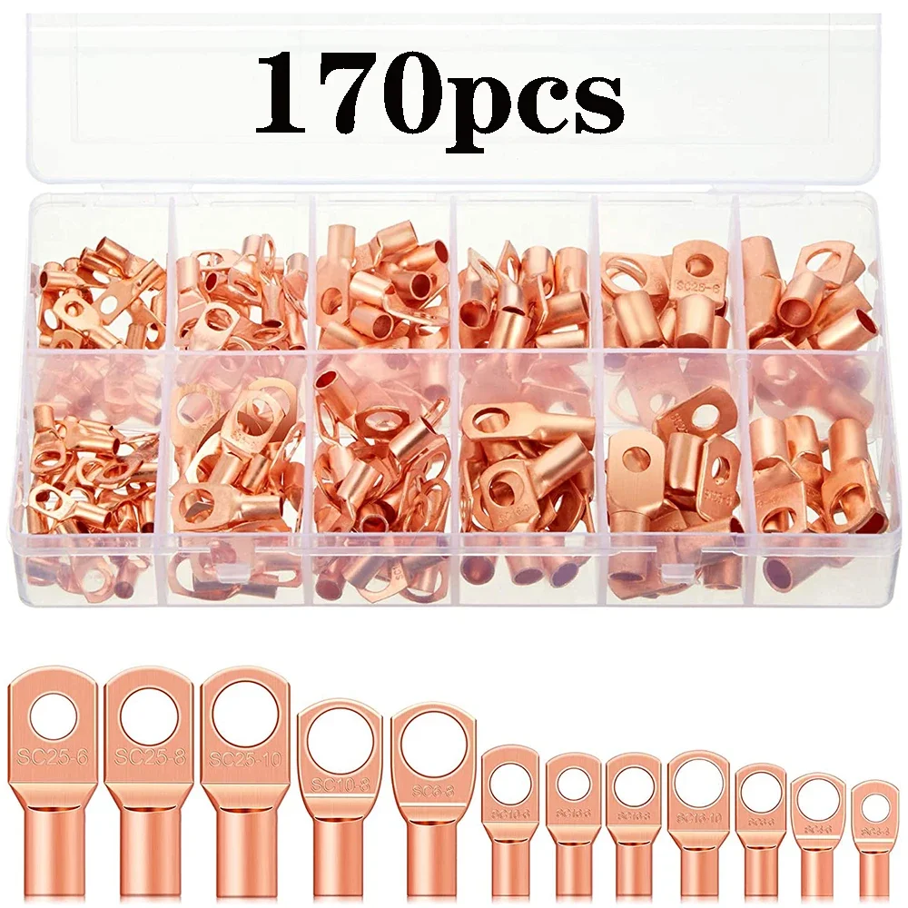 

170 Pieces Copper Battery Wire Lugs 12 Sizes Battery Cable Ends Eyelets Tubular Ring Terminal Connectors for Automotive Supplies