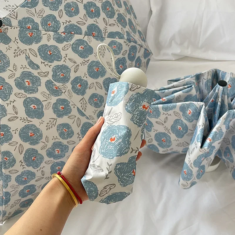 

Compact Portable UPF Sunscreen Umbrella Automatic Folding Blue Flower Oil Painting Rain Sunny Use