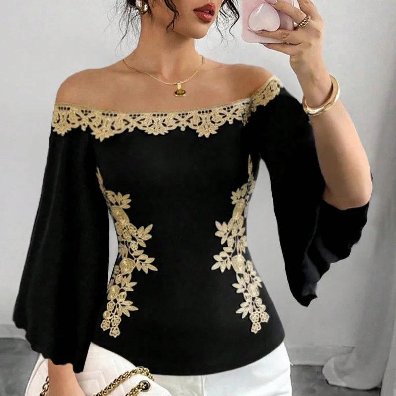 

Новая женская сексуальная футболка на одно плечо с тяжелой вышивкой, тонкий дизайн с открытыми плечами, топ