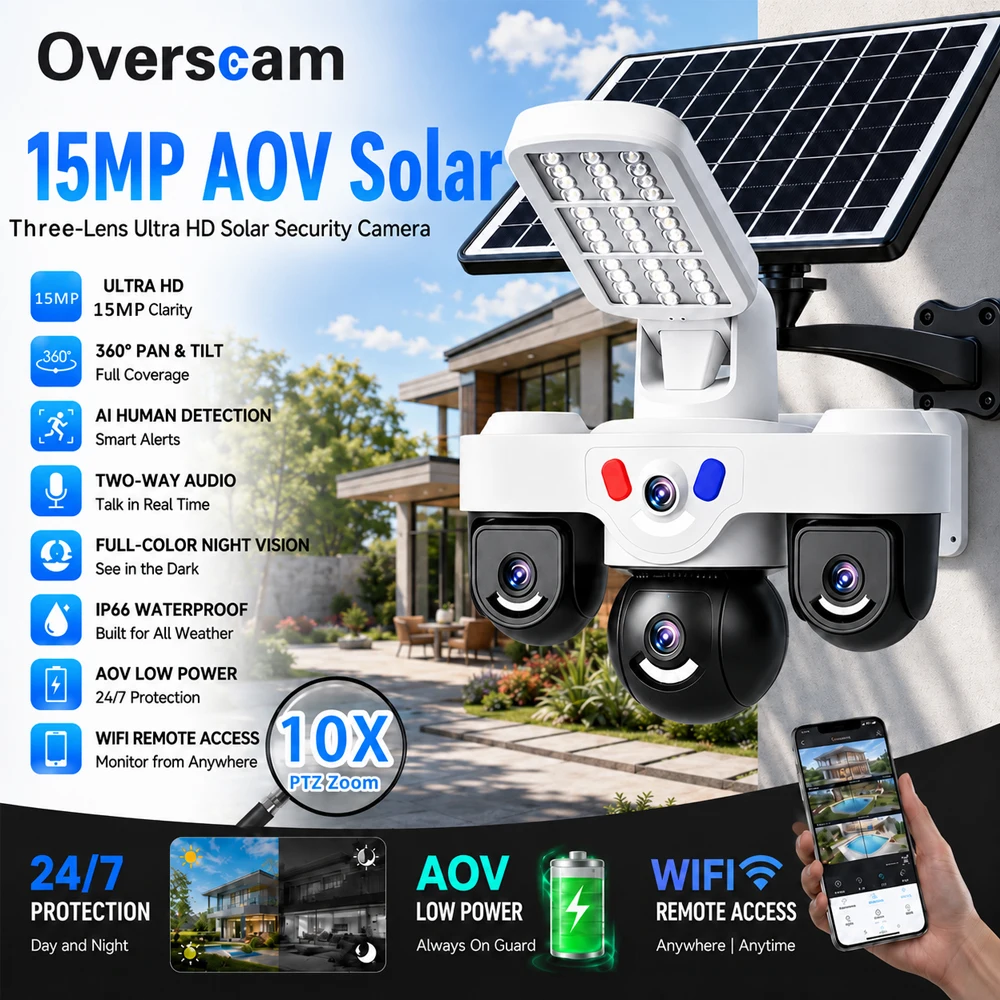 15MP AOV Solar Security Camera Three Lens WiFi PTZ Outdoor Camera 10X Zoom 360° Pan Tilt PIR Detection Two Way Audio Waterproof