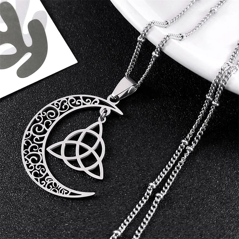 Witch Crescent Moon Celtic Trinity Knot Necklace Stainless Steel Wicca Amulet Protection Necklaces Witchcraft Jewelry collar