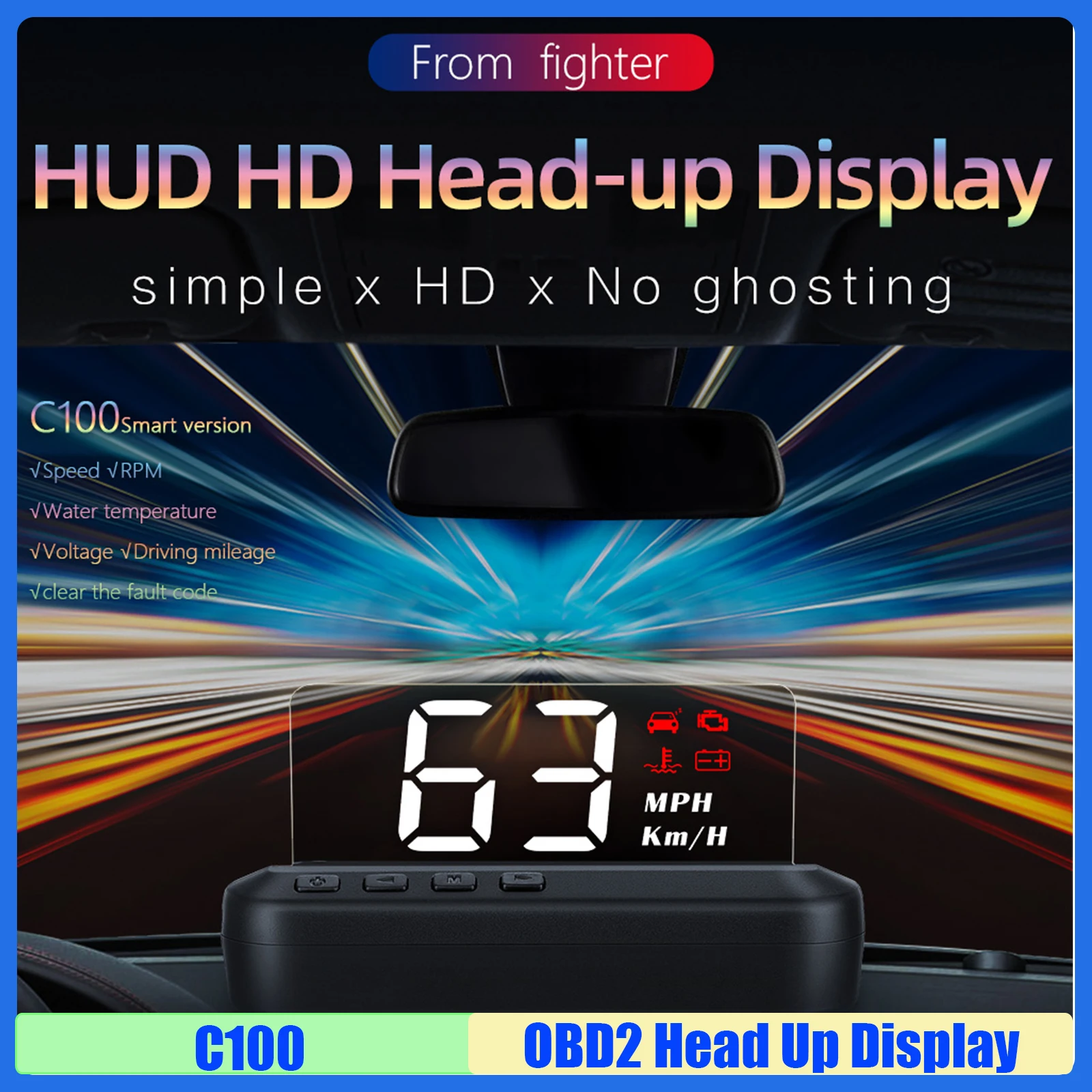 C100 Автомобильный HUD OBD2 Проекционный дисплей Спидометр Температура воды Напряжение превышения скорости Температура оборотов Сигнализация Втома Напоминание о вождении на заказ