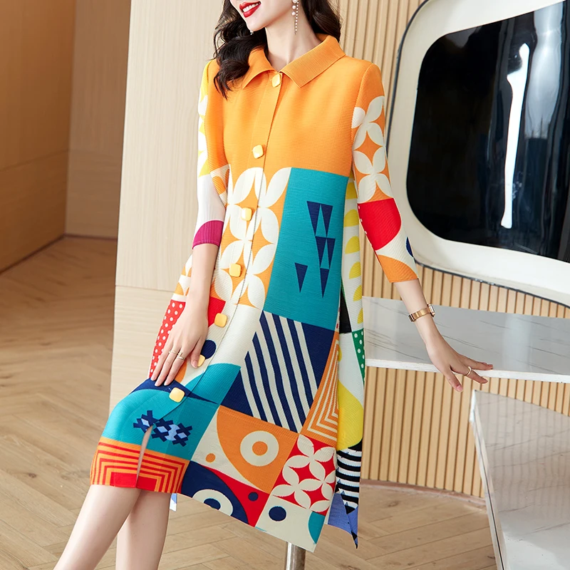 

Весенняя осциллированная юбка, повседневная одежда для поездок на работу, свободный крой, воротник на одной пуговице, полиэфирное волокно, трапециевидной формы, осенняя одежда