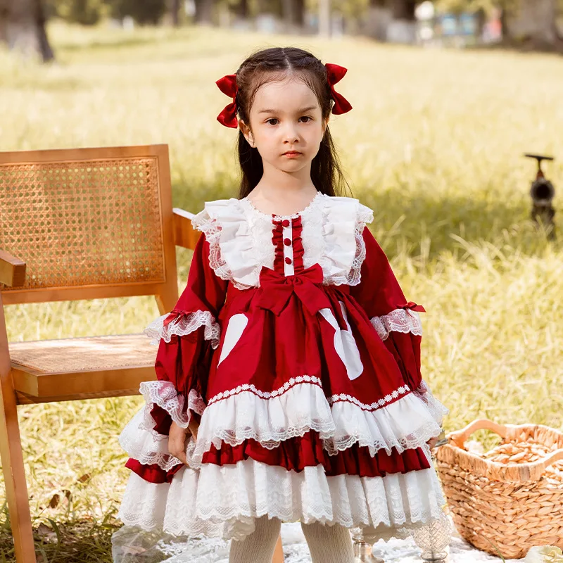 

Lolita Girls Dress Spring Autumn 2024 New Cute Dress Fashion Party Knee-Length Ruched Princess Flower Girl Dresses Lovely Sweet