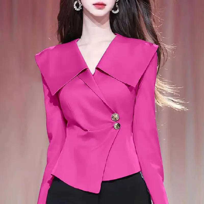 Ladies Fashion All-match Buttons Solid Color Long Sleeve Blouse Autumn Simplicity Irregular V-neck Shirts Women Clothing Top Tee