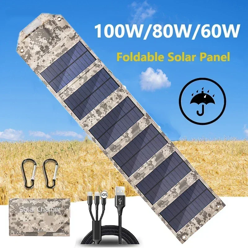 Panel Solar plegable de 100W/80W/60W, cargador Solar USB de 5V, batería Solar portátil para exteriores, banco de energía para teléfono, para acampar y hacer senderismo + Cable