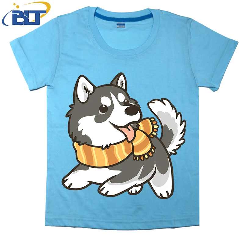 Camiseta con estampado de Husky Siberiano para niños, top informal de manga corta de algodón de verano, adecuado para niños y niñas