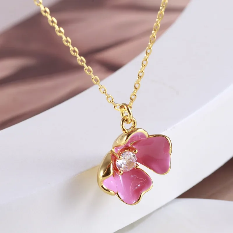 European And American Jewelry Wholesale Enamel Enamel Color Flash Diamond Pink Flower Fresh Romantic Flowers Necklace