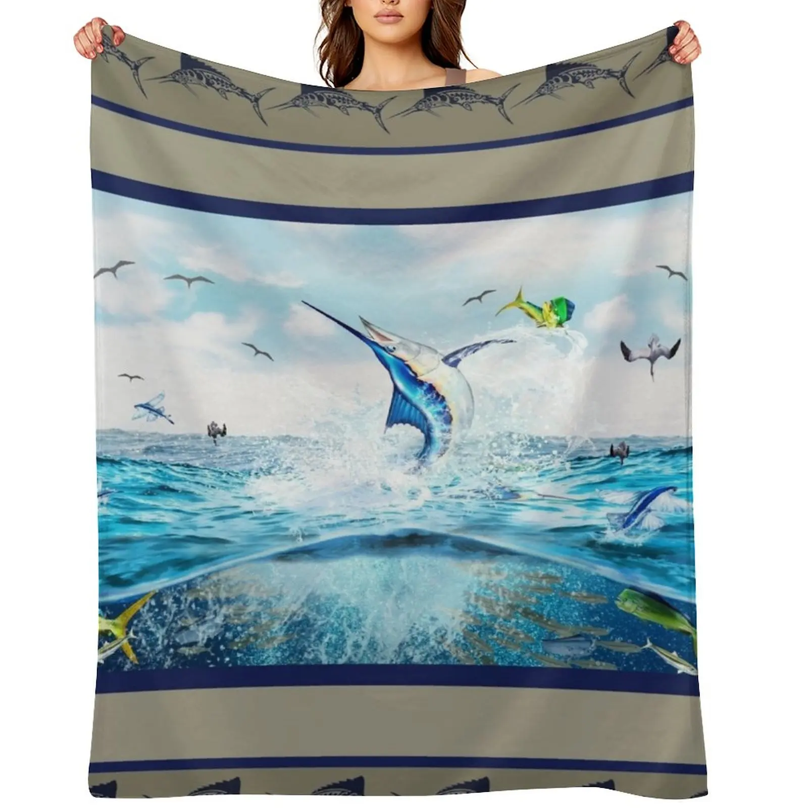

Blue Marlin Hunting Mahi Mahi Throw Blanket decorative Soft Plaid Quilt Plaid Blankets