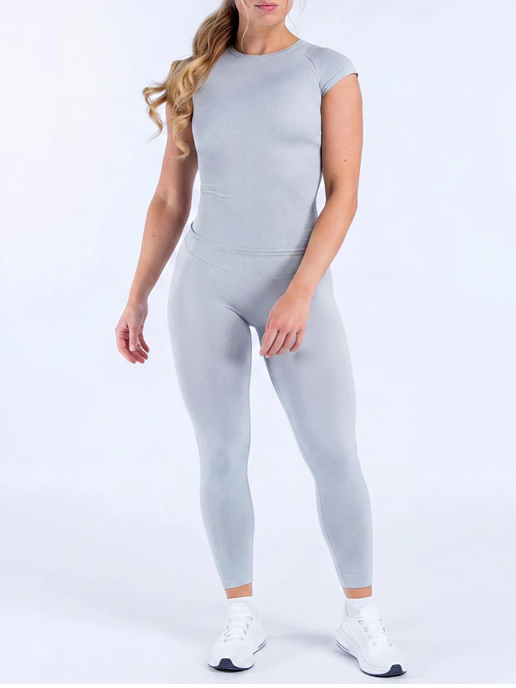 WAREBALL Damen 2-Teiliges Nahtloses Fitness-Outfit Kurzarm-Oberteil Hochgeschnittene Leggings Gym Workout Sportbekleidung Yoga-Set – Detail 1