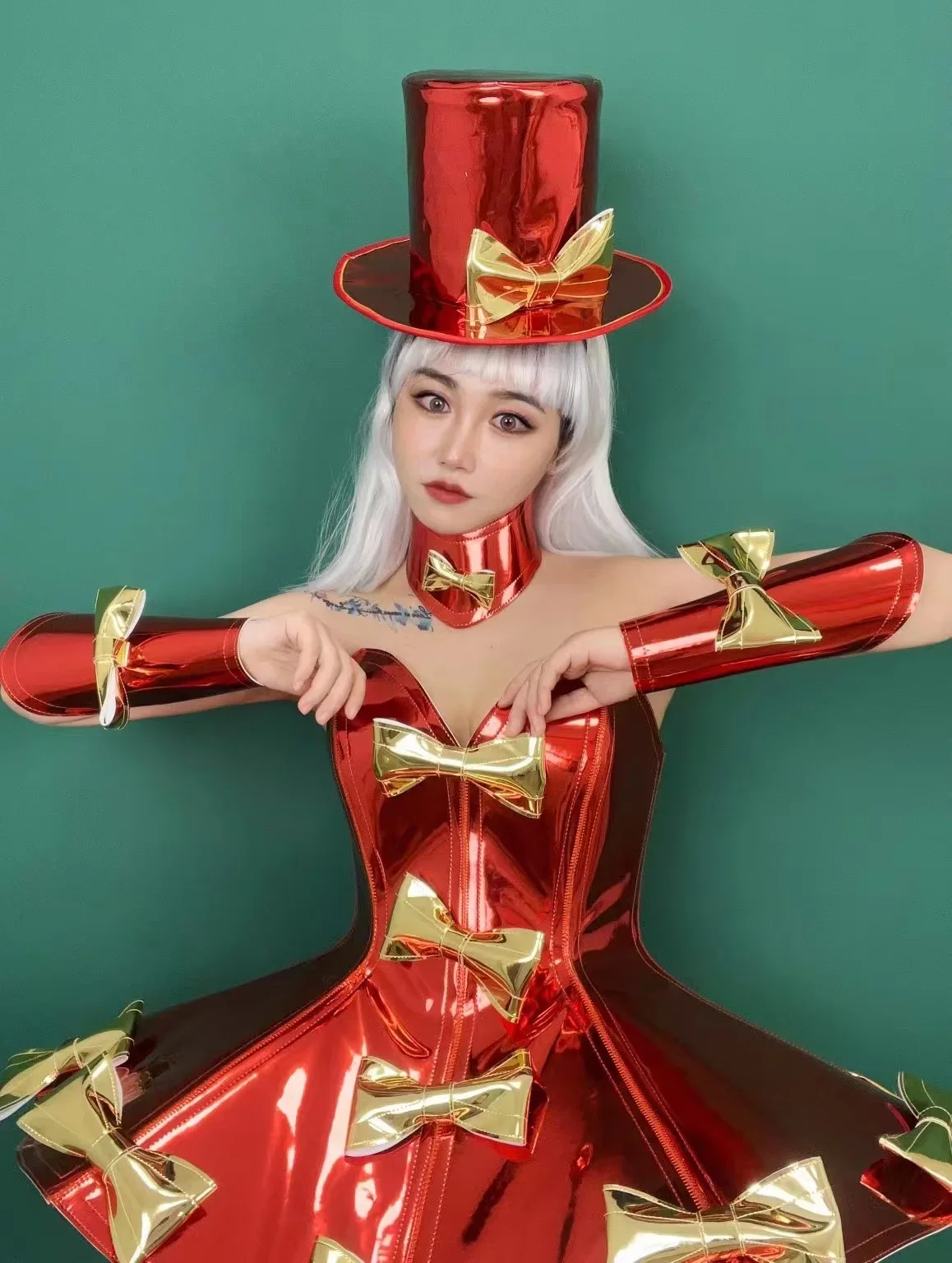 

New Bow Dress+Hat+Cuff Neck Outfits Bar Nightclub Singer Dance Stage Birthday Party Amusement Park Tour Armor Christmas Costume