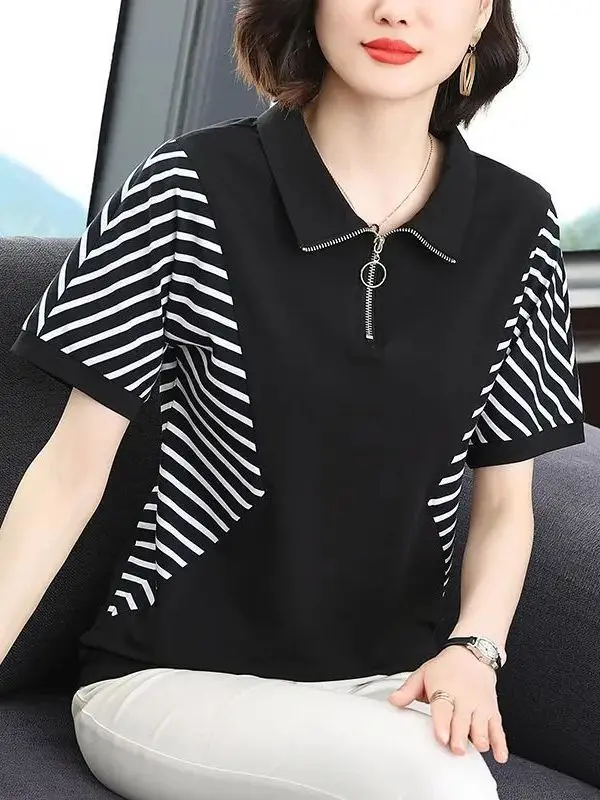 

Summer Women's Short Sleeve T-Shirt Striped Collared Top Casual Loose Fit Polyester Sweat Wicking High Waist Design
