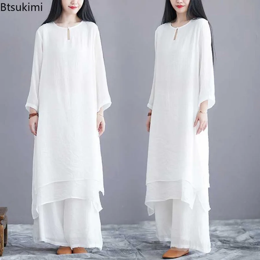 

Весенние новые женские комплекты из двух предметов в китайском стиле: топ с круглым вырезом и широкие брюки на резинке. Женский винтажный костюм для медитации и чаепитий в стиле Дзен.