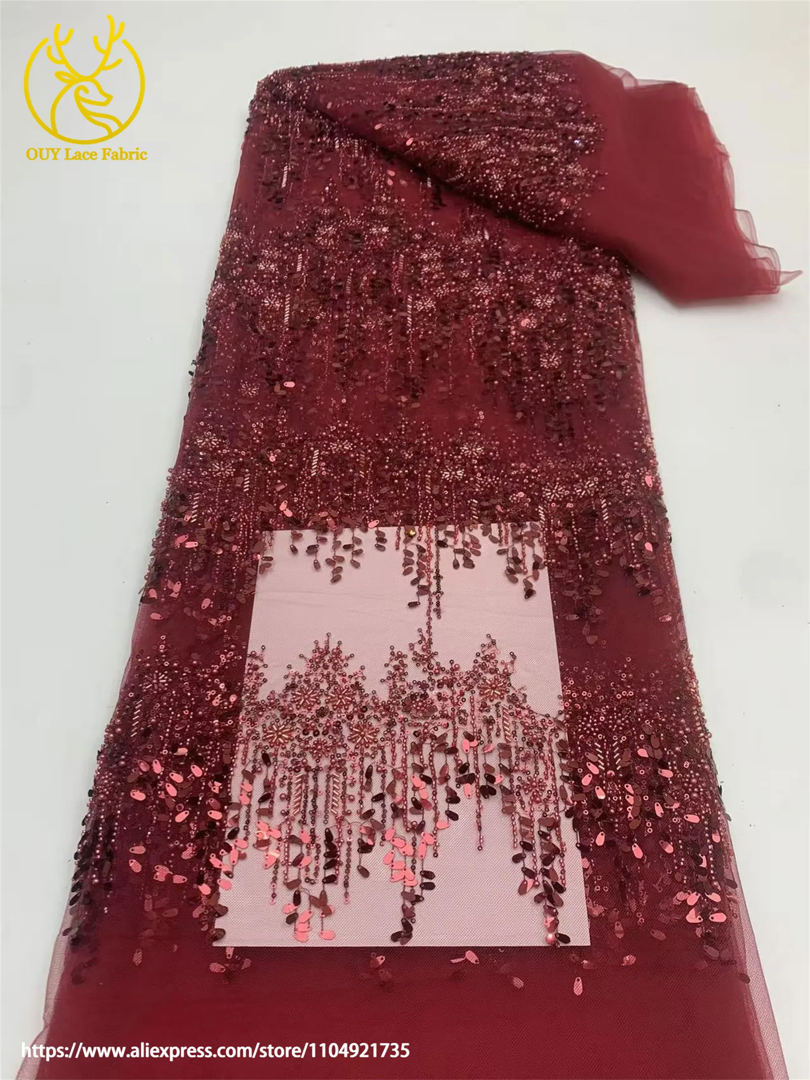 Afrikanischer Spitzenstoff 2026 Gold Pailletten Perlenstickerei Bräutigam Nigerianische Braut Hochwertiger französischer Tüllspitze Hochzeitskleidstoff – Detail 13