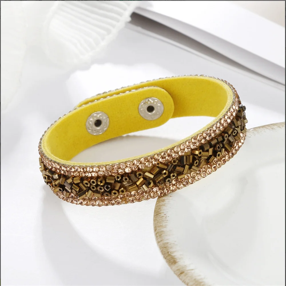 2022 Newest Fashion Women\'s Leather Wrap Bracelet Colorful Crystal Beads Metal Button Clasp Bracelet Handmade Jewelry Bohemian