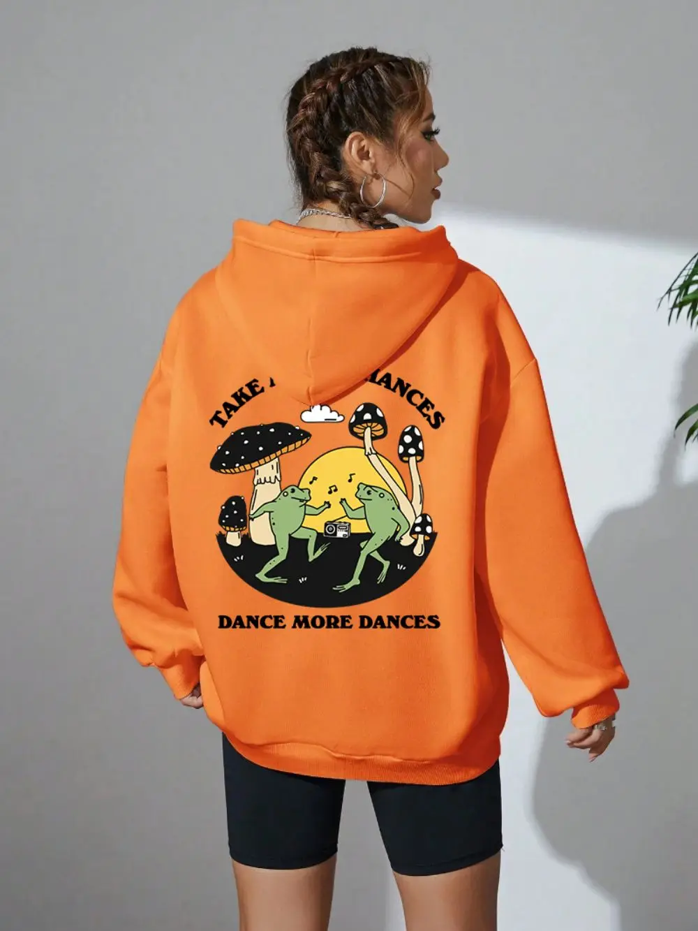 Autumn Winter Woman Hoodie Dancing Frogs And Large Mushroom Printed Sweatshirt Pocket Warm Fleece Pullover Fashion Streetwear