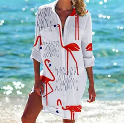 Estate nuovo 3D fenicottero stampato costume da bagno da donna minigonna bikini spiaggia sciolto top a maniche lunghe protezione solare camicia cover up