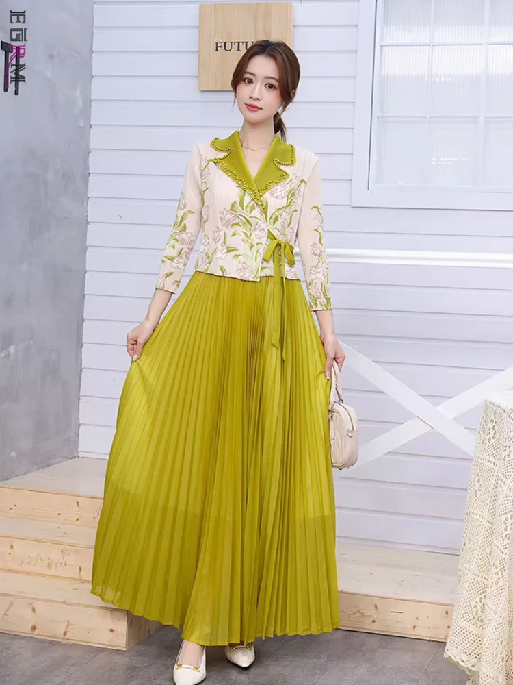 

EGRM Miyake Chic Pleated Women's Dress Suit Collar Print Design Long Sleeve High Elasticity Dresses 2025 Summer New 6R3982