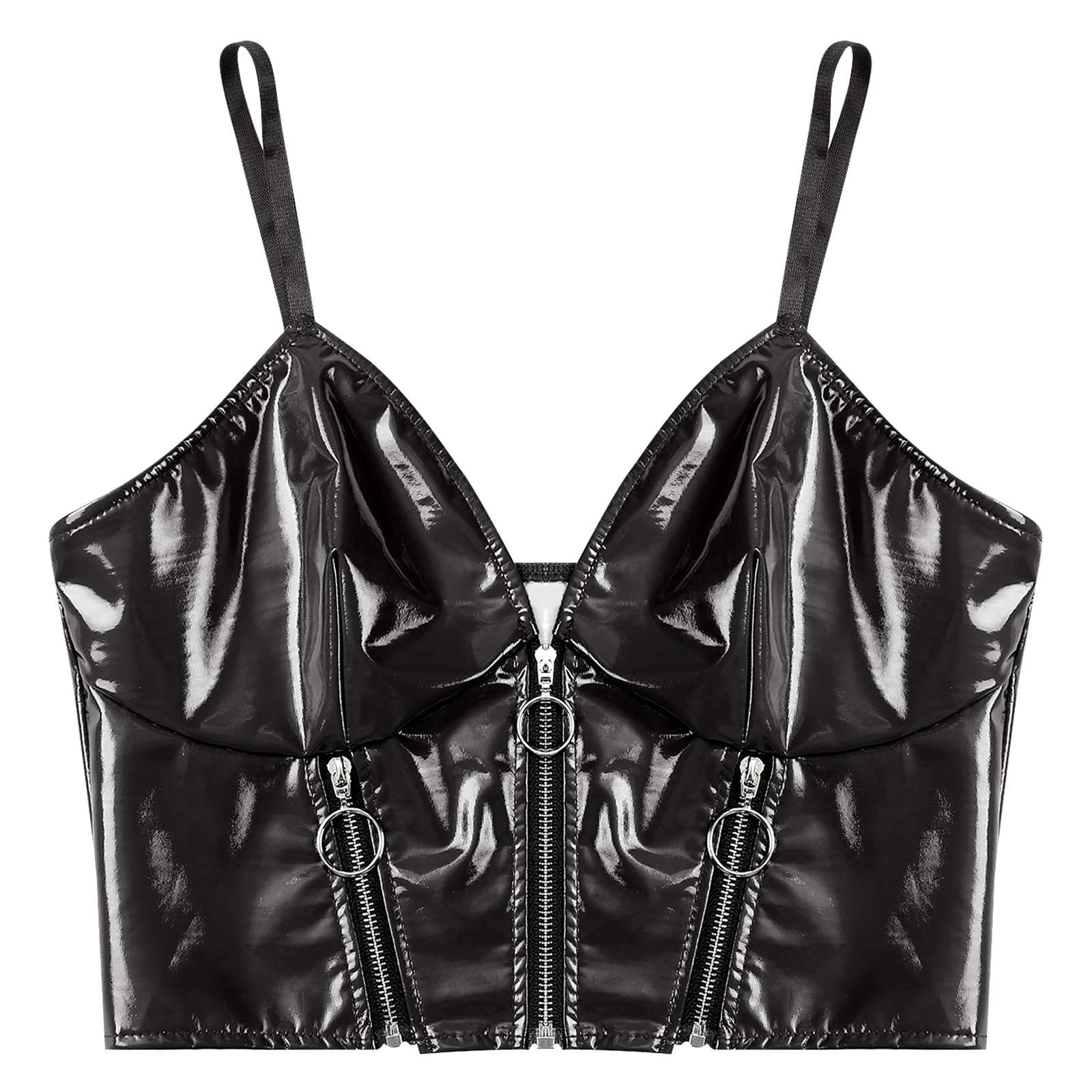 Womens Glossy Patent Leather Crop Top Front Zippers Backless Camisole Deep V Neck Front Zipper Backless Sling Vest Tops Clubwear