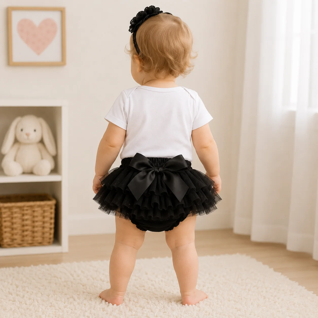 Baby Girls 3Pcs Outfit Little Queen Crown Print Short Sleeve Bodysuit Black Ruffle Tutu Bloomers Flower Headband Newborn Infant
