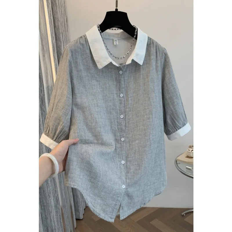 

Lapel Contrast Color Quarter Sleeve Shirt Women's Retro Versatile Commuting Casual Loose Top