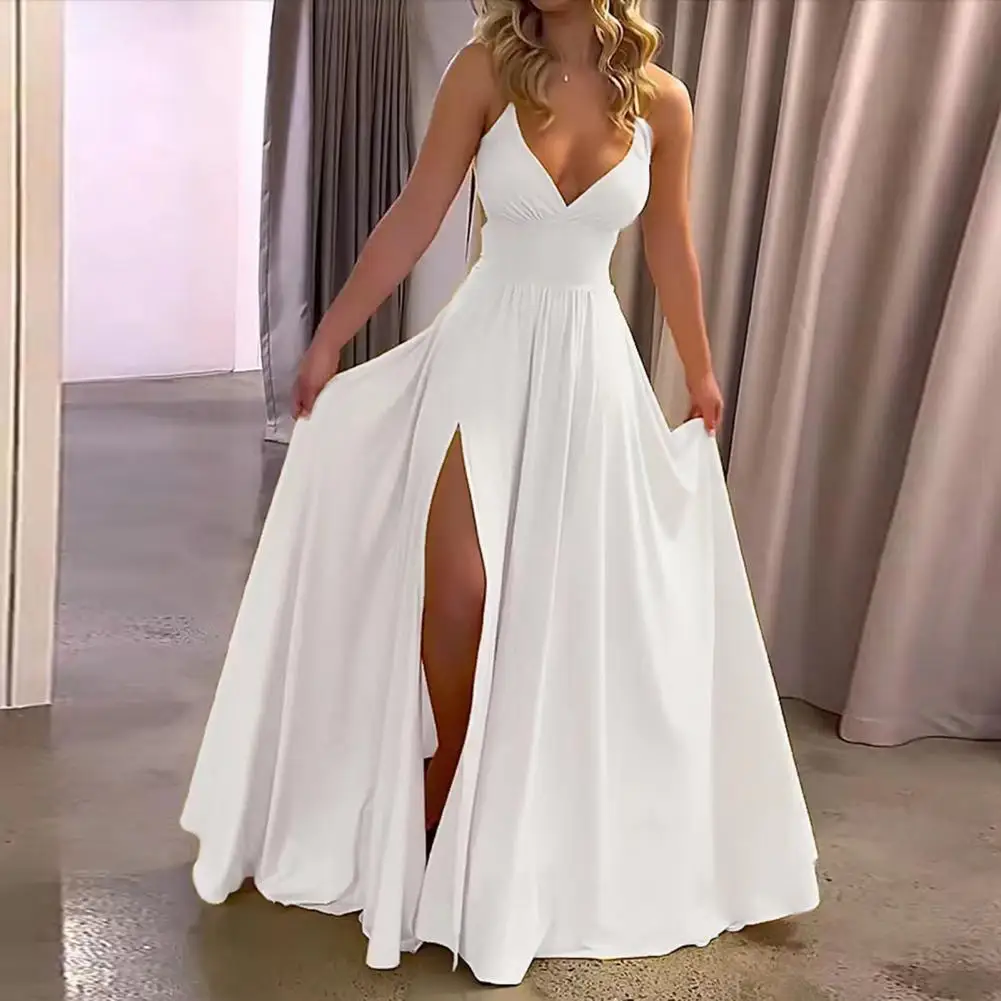 Women Ball Gown Sexy Off Shoulder Low-cut Backless Evening Dress Split Hem Pleated High Waist Floor Length Prom Party Maxi Dress