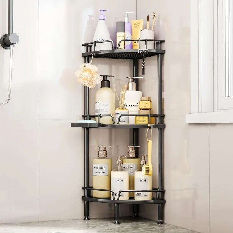 Corner Shower Caddy Stand - 3 Tier Organizer with Soap Holder, Standing Tall Floor Adjustable Feet & 4 Hooks, Shelf Rack Storage