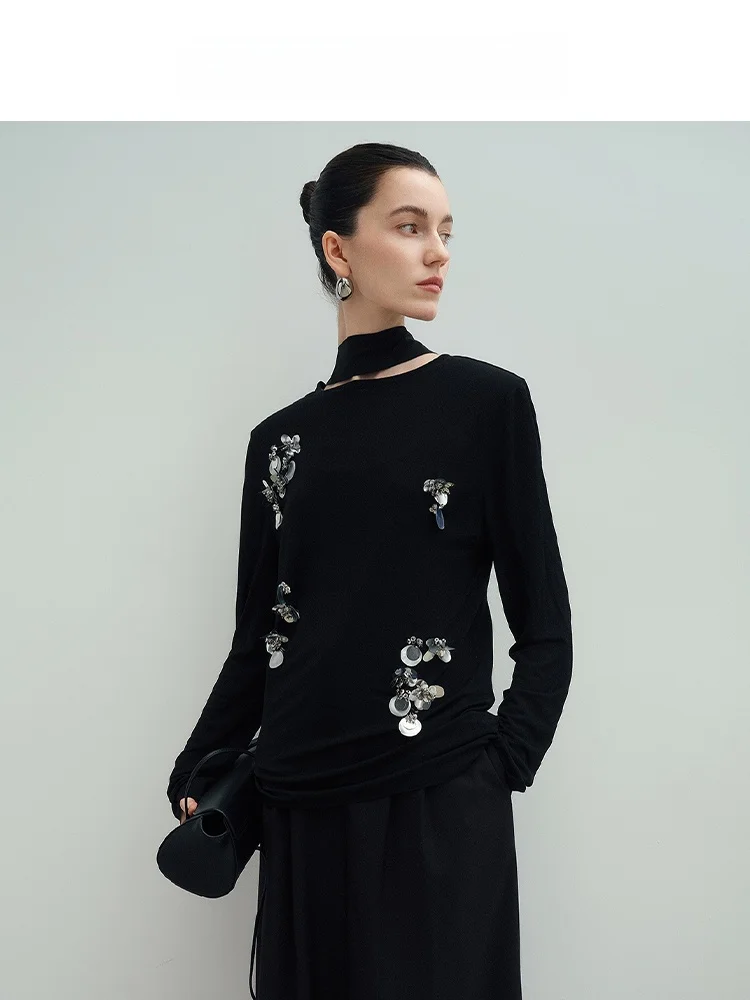 

Летний тонкий комплект из ацетатного трикотажа Audrey Wang с бретелями, украшенными крупными бусинами и цветами, комплект из двух предметов, приталенный крой, длинный рукав...